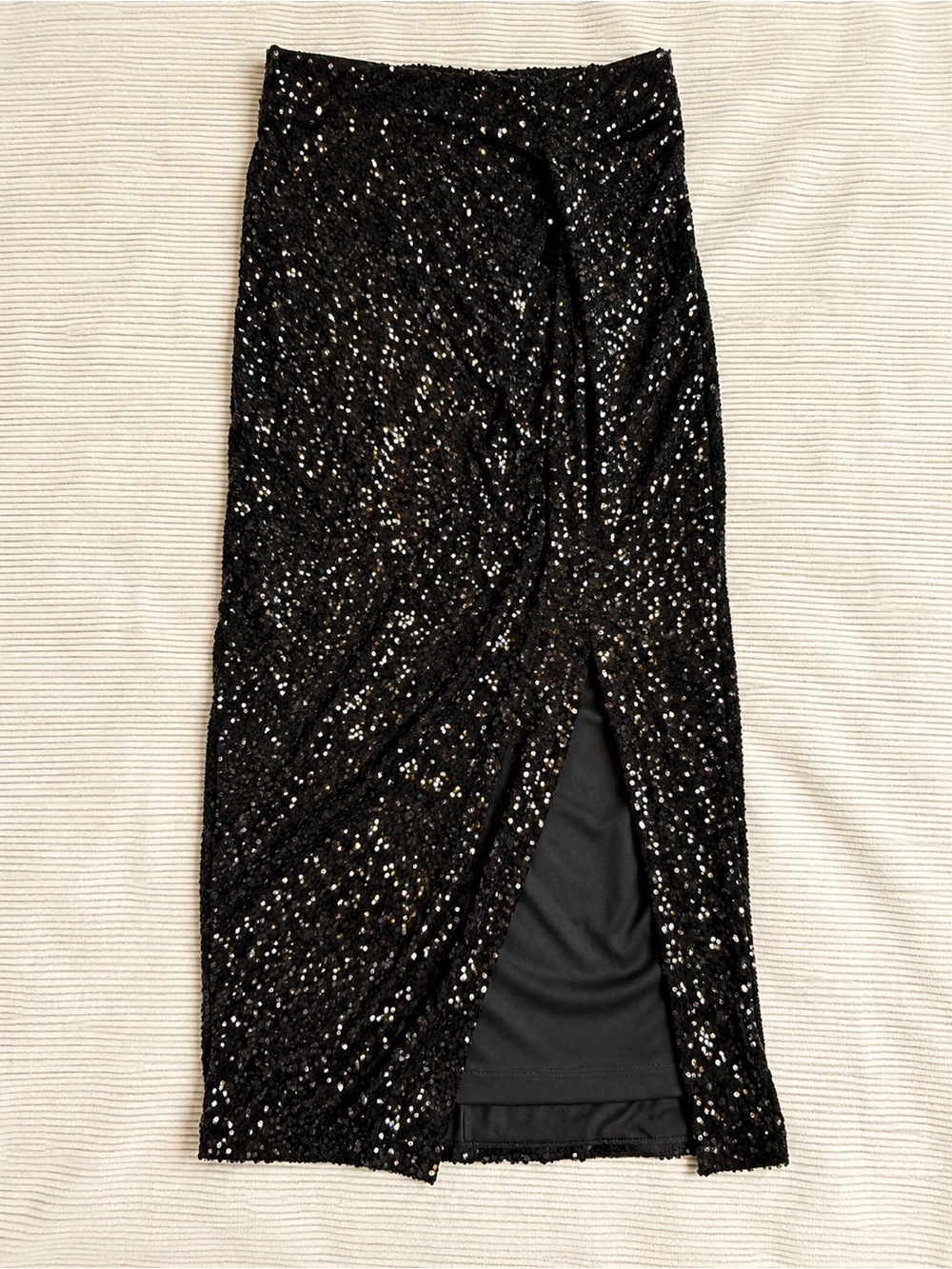 Rachel Zoe Black Sequin Maxi Skirt Ruched Side Slit Size M